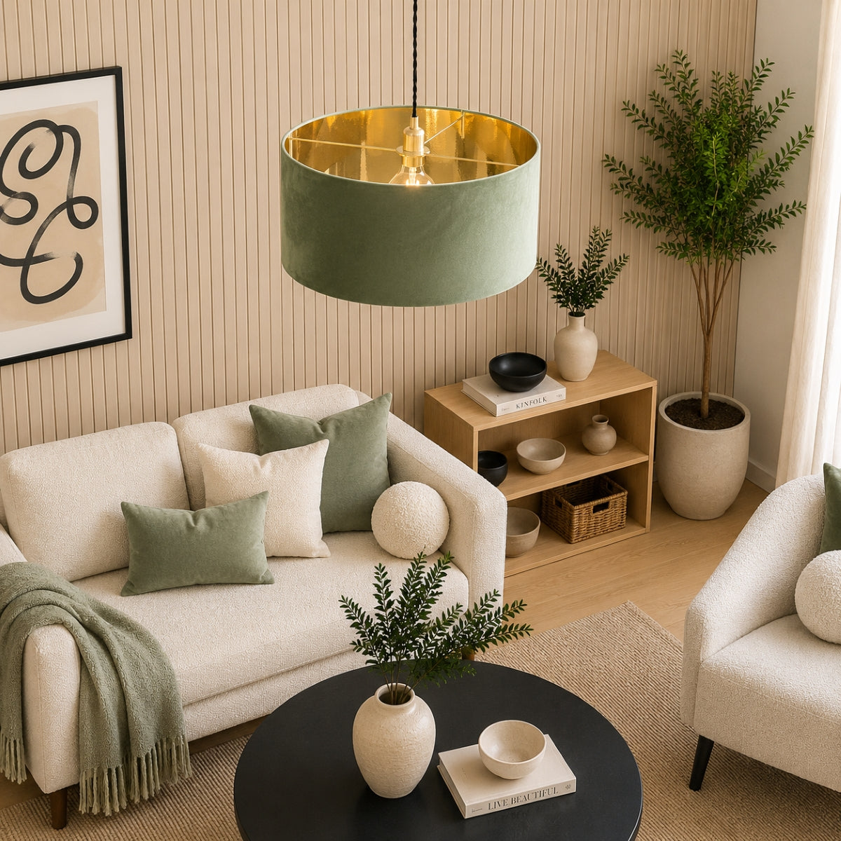 CGC MILANO Olive Green & Gold Oversized Large Velvet Fabric Lamp Shade