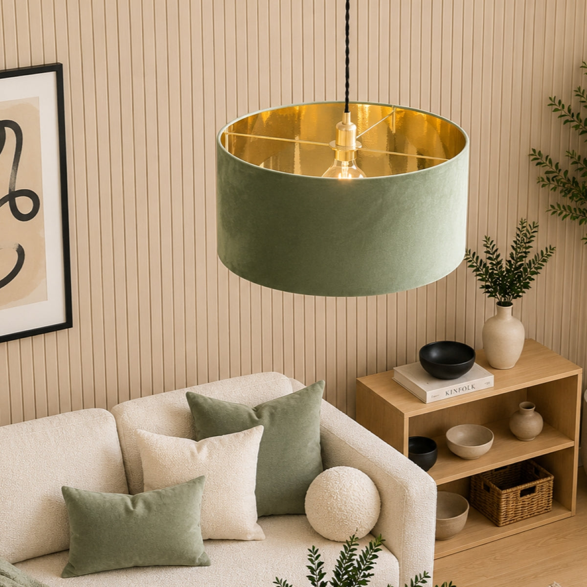 CGC MILANO Olive Green & Gold Oversized Large Velvet Fabric Lamp Shade