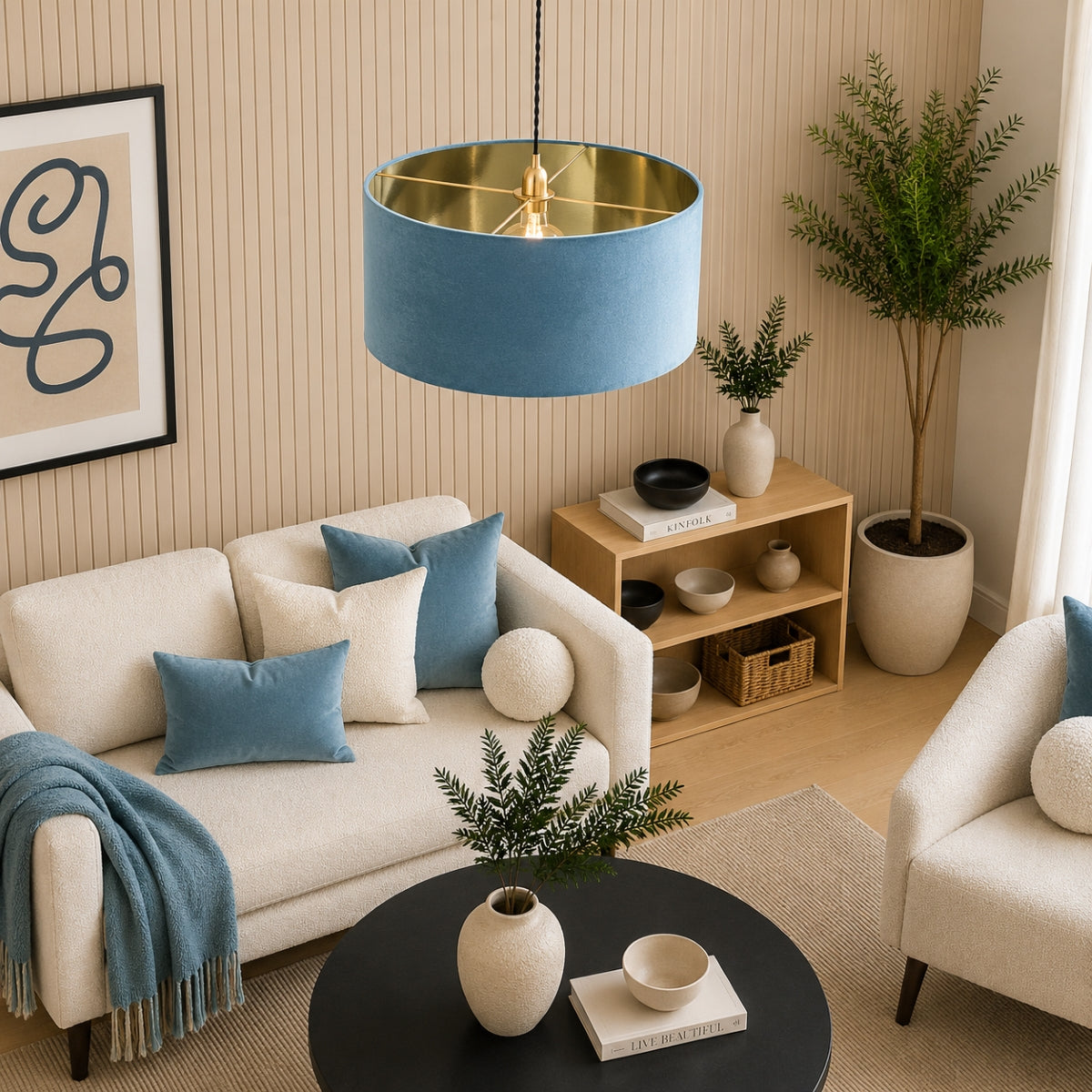 CGC MILANO Teal & Gold Oversized Large Velvet Fabric Lamp Shade