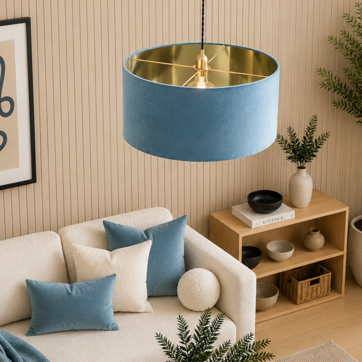 CGC MILANO Teal & Gold Oversized Large Velvet Fabric Lamp Shade