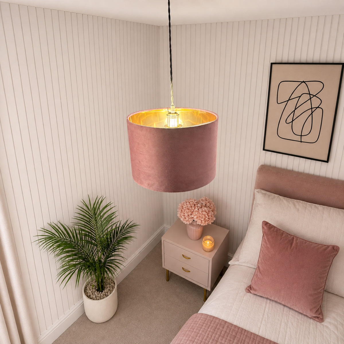 CGC NILA Luxury Mauve Velvet & Gold Inner Round Pendant Drum Lamp Shade