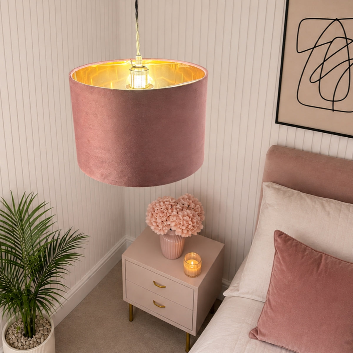 CGC NILA Luxury Mauve Velvet & Gold Inner Round Pendant Drum Lamp Shade