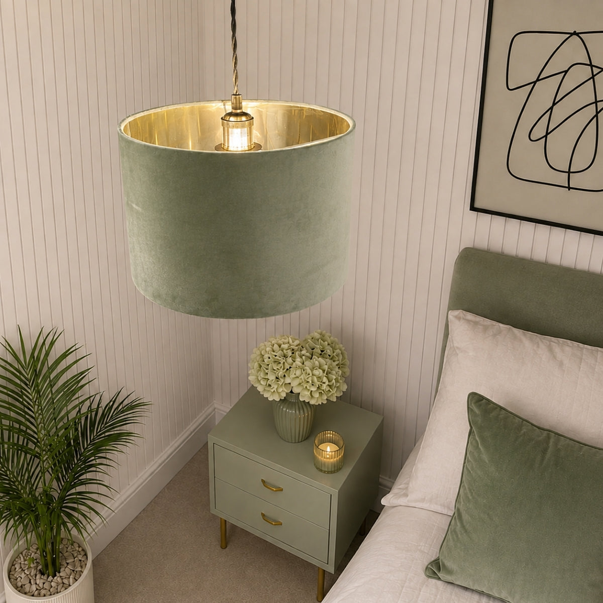 CGC NILA Luxury Olive Green Velvet & Gold Inner Round Pendant Drum Lamp Shade