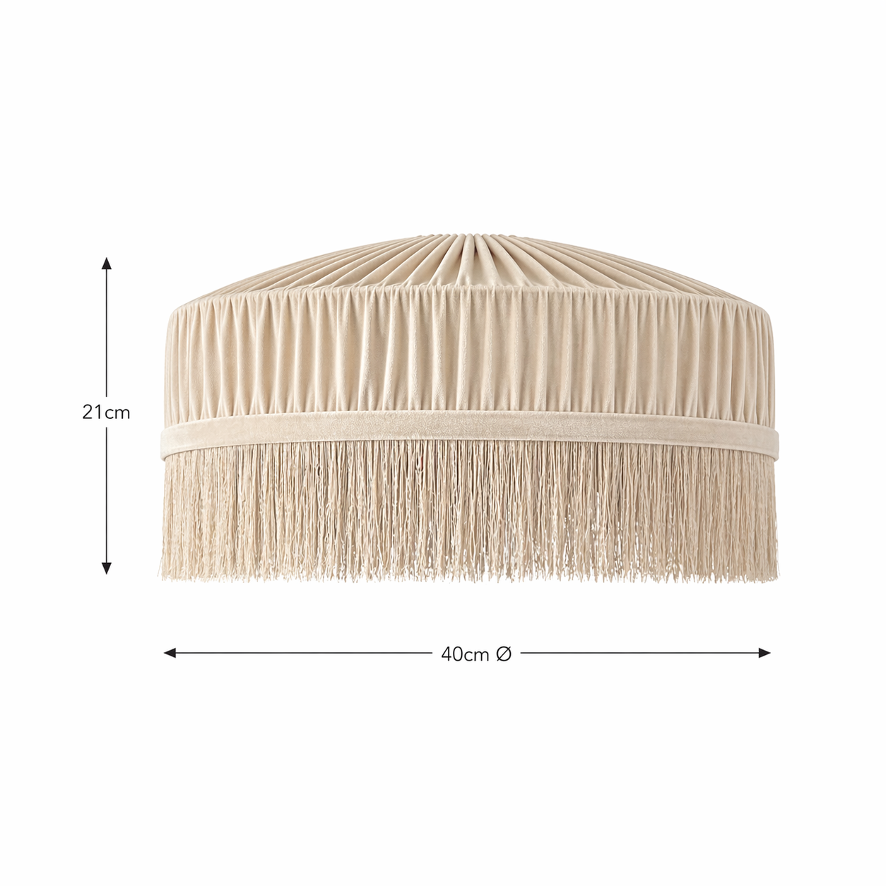 Beige pleated lampshade with dimensions on a white background