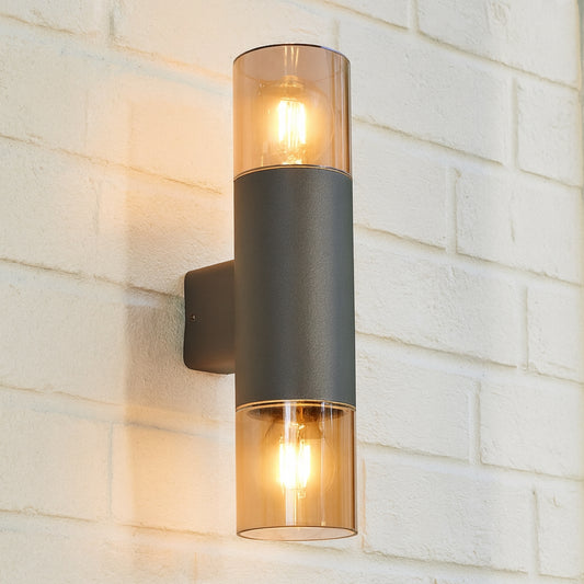 CGC CORTEZ Anthracite Dark Grey Up and Down Outdoor Wall Light with Smoked Diffuser IP44 E27