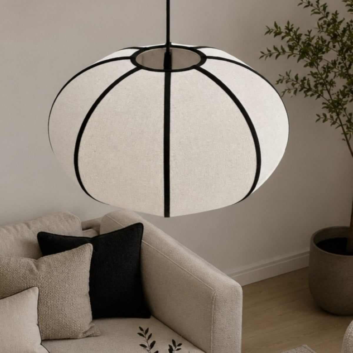 CGC LIBBY Large Rounded Oatmeal Stretch Linen Fabric Black Stitch Lampshade