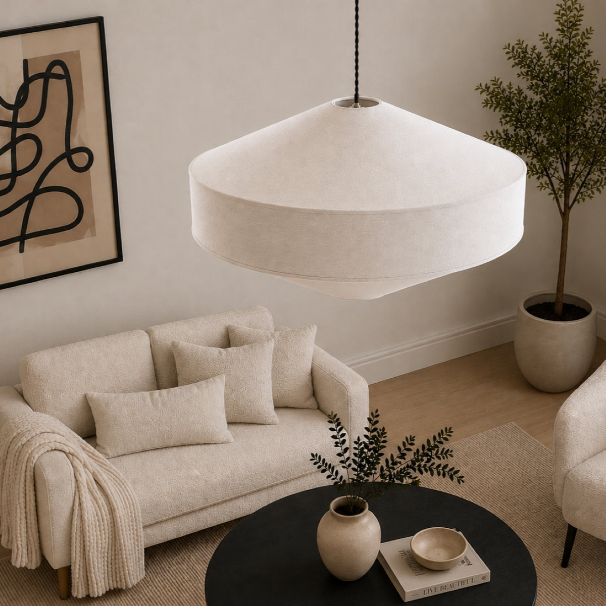 A modern pendant light with a wide, rounded conical shade in a warm off-white fabric, hanging in a styled living room with a beige sofa, black coffee table, and potted plant.
