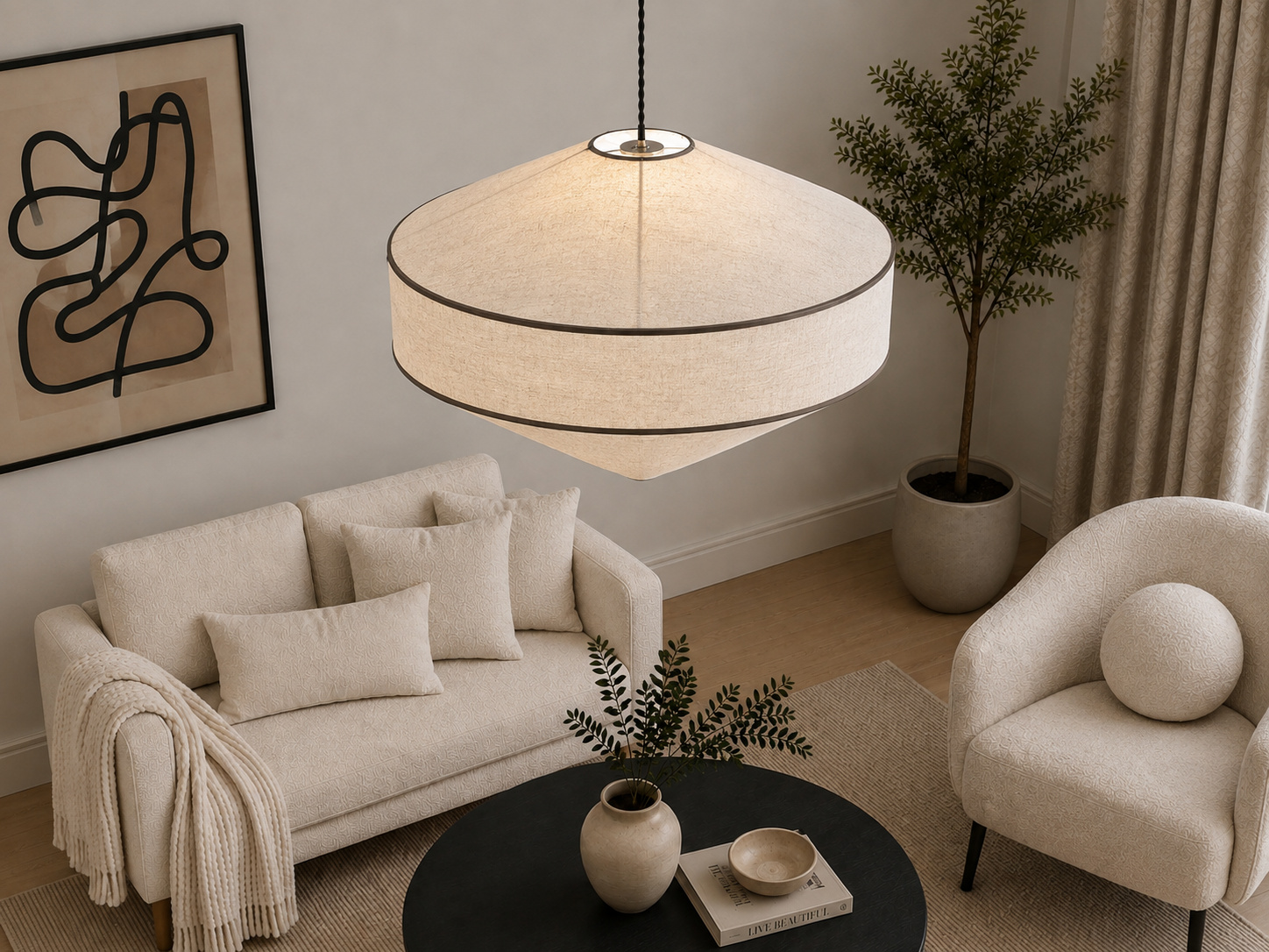 CGC LIBBY Extra Large 60cm Geometric Oatmeal Stretch Linen Fabric Lampshade