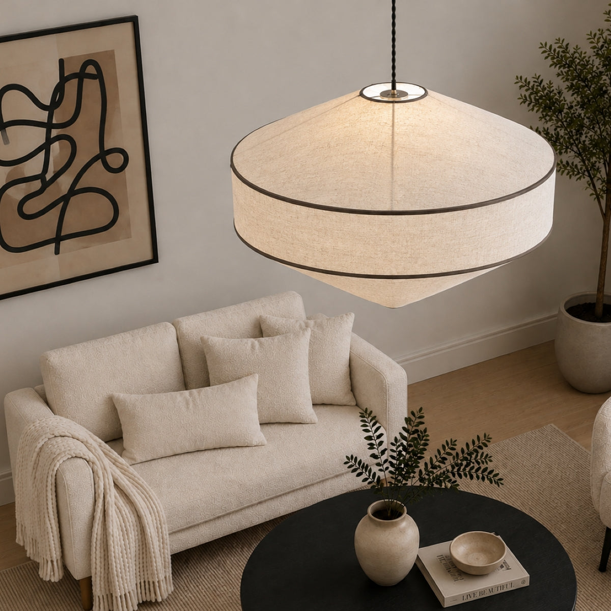 A modern pendant light with a large, rounded drum shade made of textured cream fabric, suspended over a neutral-toned living room setting with a beige sofa and black coffee table.
