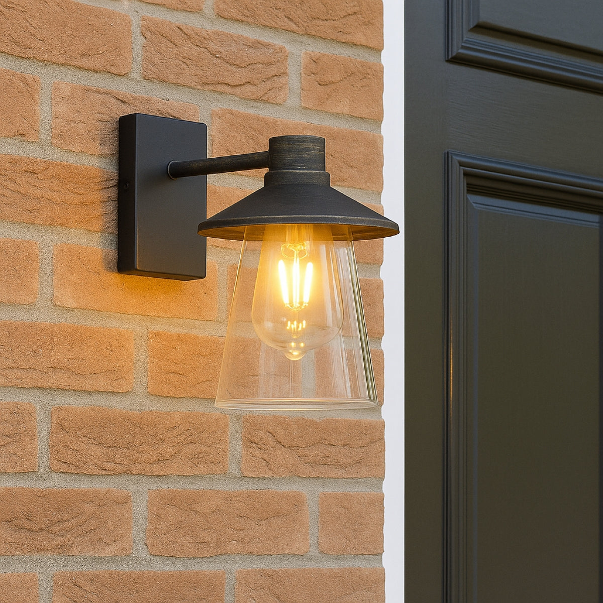 Wall-mounted outdoor light fixture on a brick wall with a dark door in the background.