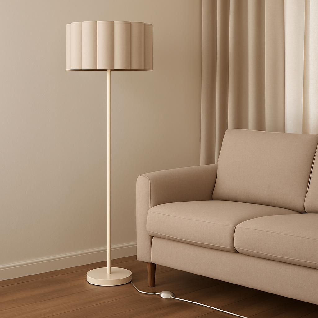 Beige floor lamp next to a beige sofa in a room with beige walls and curtains.
