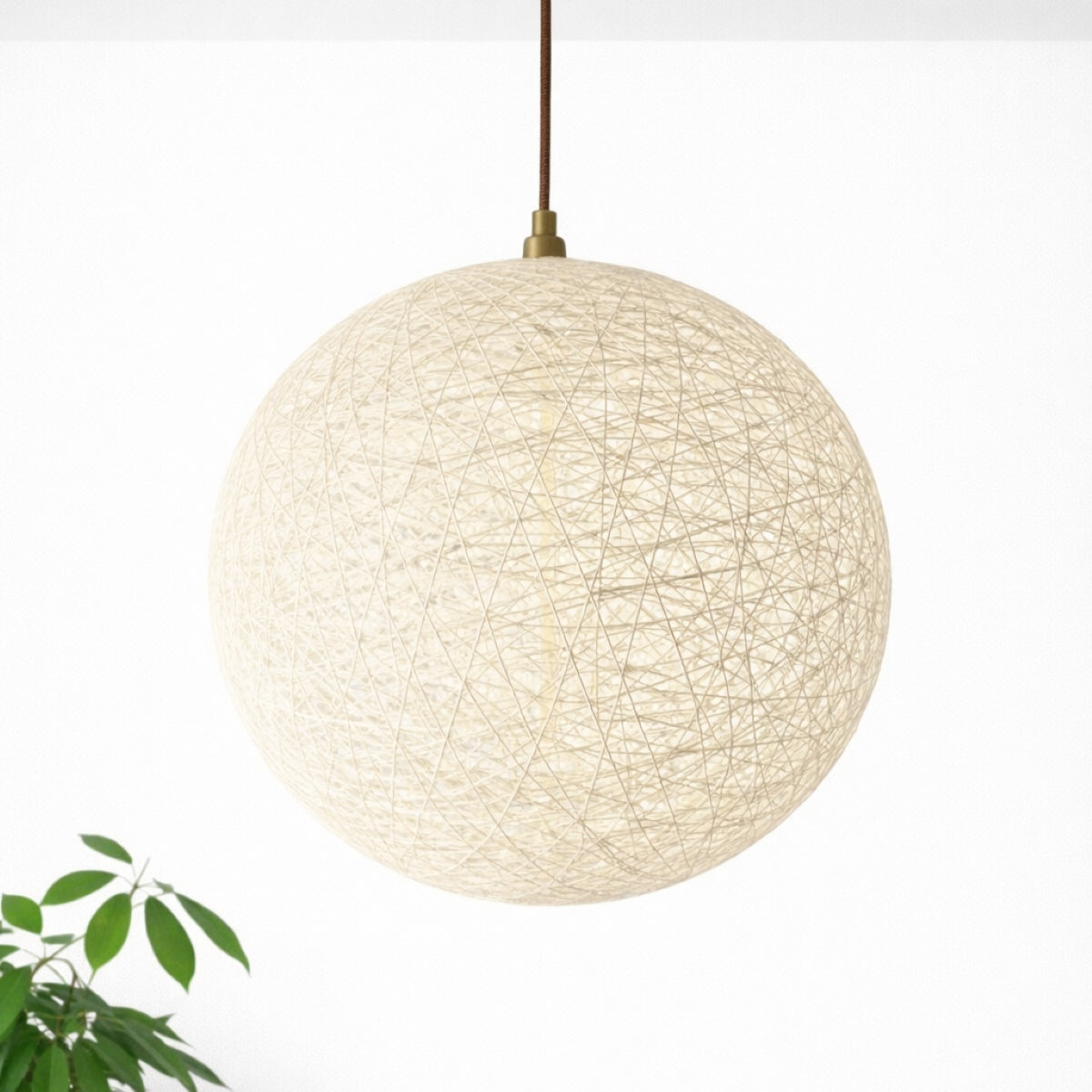 Round woven pendant light on a white background with a plant on the left side.