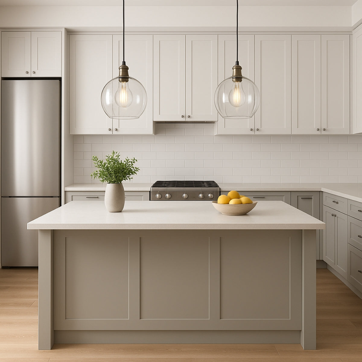 Modern kitchen with a central island, white cabinets, and stainless steel appliances.