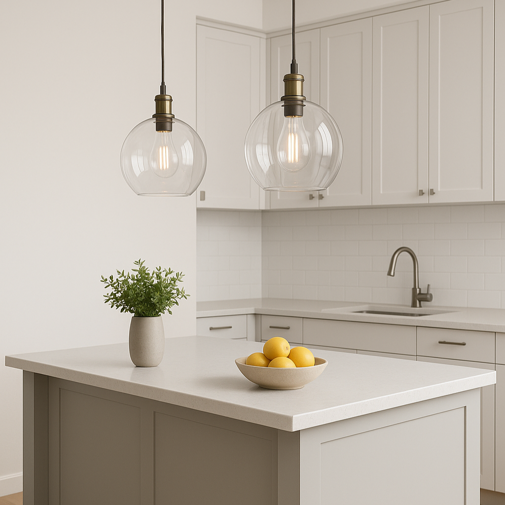 Modern kitchen with white island, pendant lights, and a bowl of lemons.