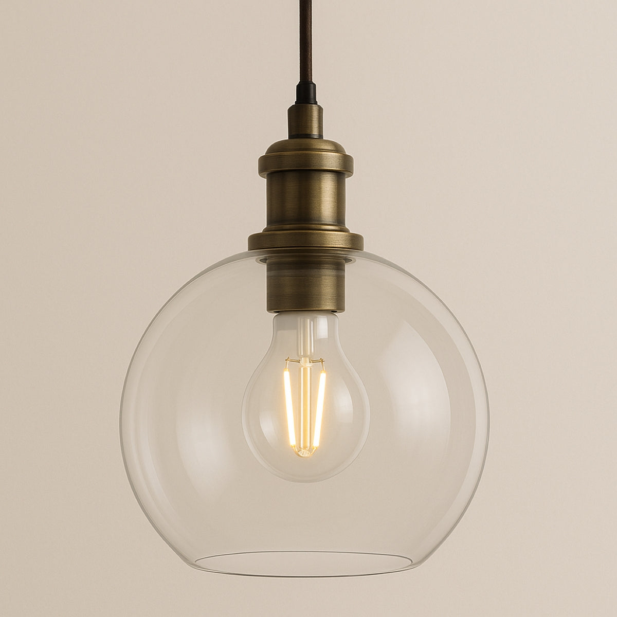 Vintage-style pendant light with clear glass shade and brass fixture on a beige background