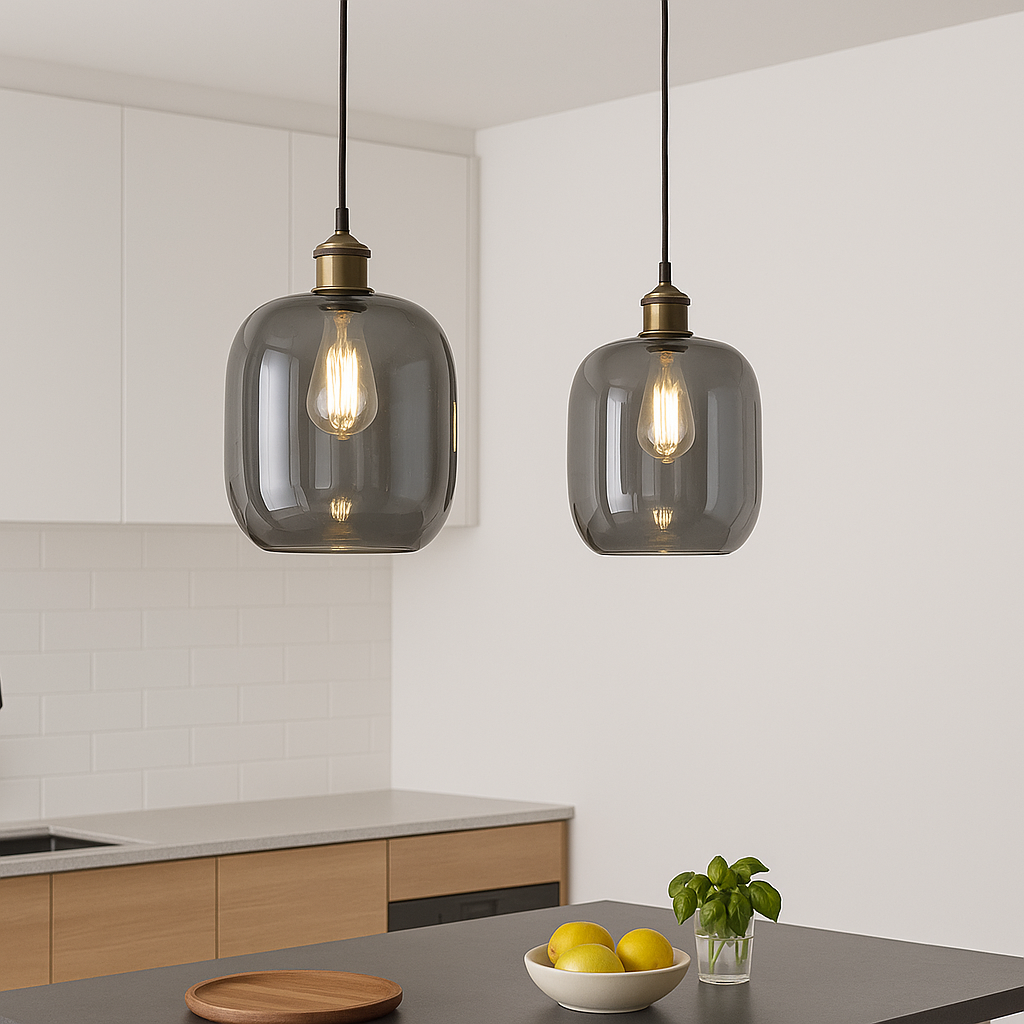 Modern kitchen with pendant lights, countertop, and plant