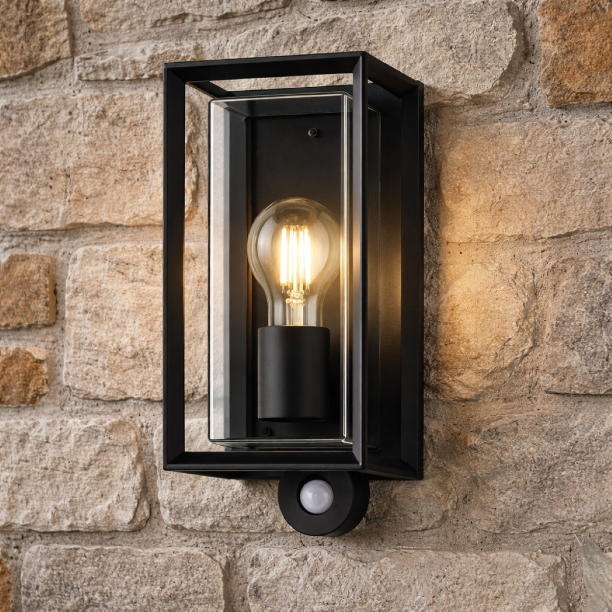 CGC FLORIANA PIR Black Outdoor Wall Light Clear Diffuser E27 Standard Screw IP54