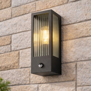 CGC STELLA Bevelled Glass Black E27 Outdoor Box Wall Light with PIR Motion Sensor