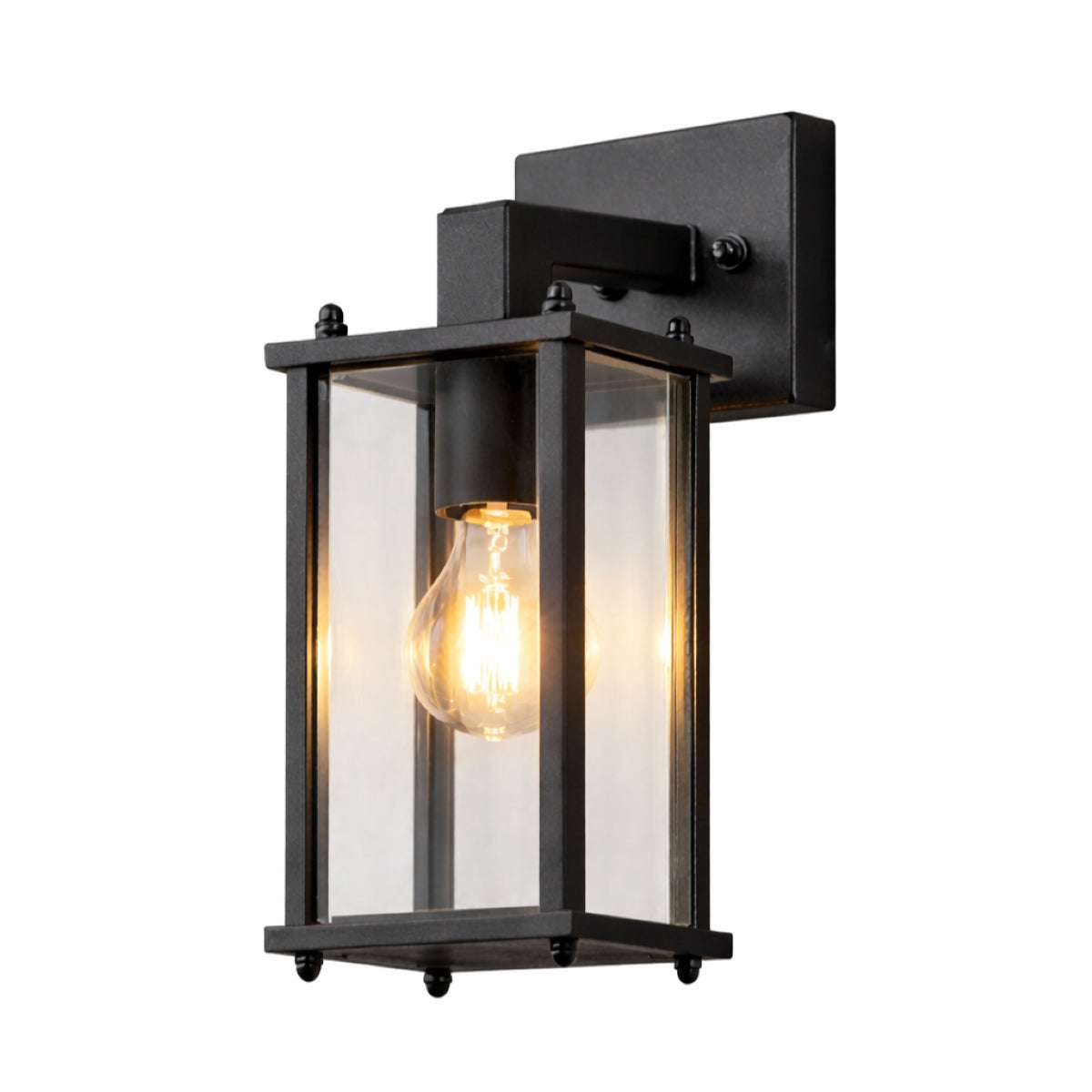 Black outdoor wall light fixture with clear glass cover on a white background