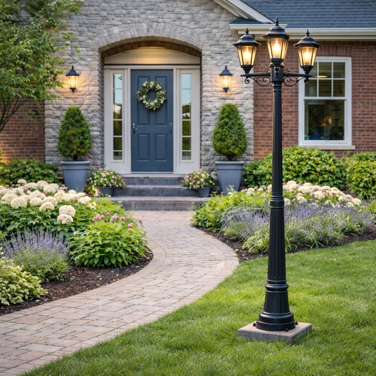 CGC EDNA Black Triple Victorian Style Lantern Post Light