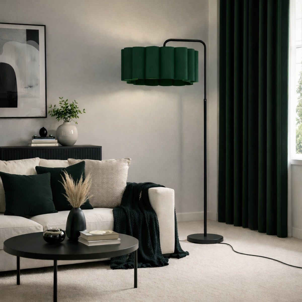 CGC Kyra Matt Black Angled Floor Lamp with Large Scalloped Lampshade