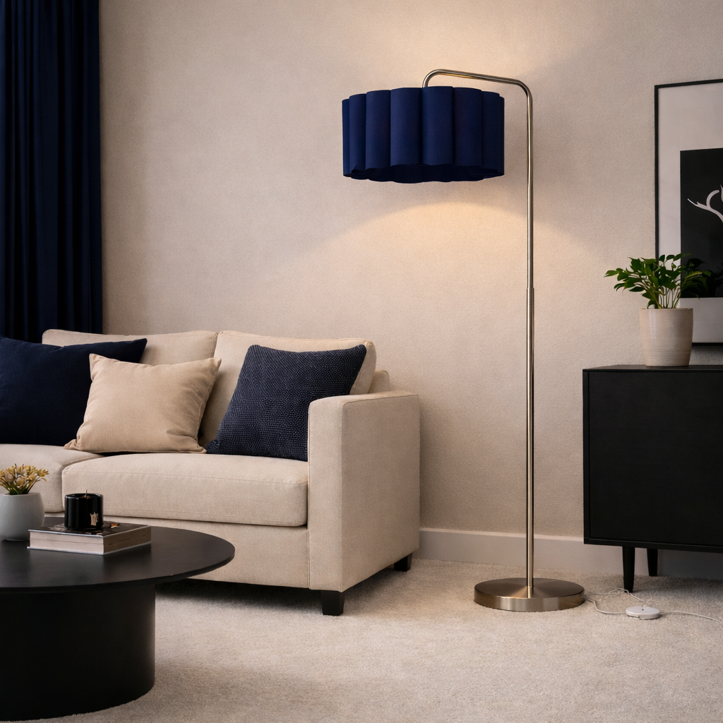 CGC Kyra Brushed Nickel Angled Floor Lamp with Large Scalloped Lampshade