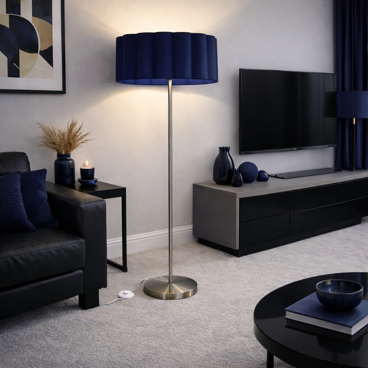 CGC Lena Brushed Nickel Straight Floor Lamp with Large Scalloped Lampshade