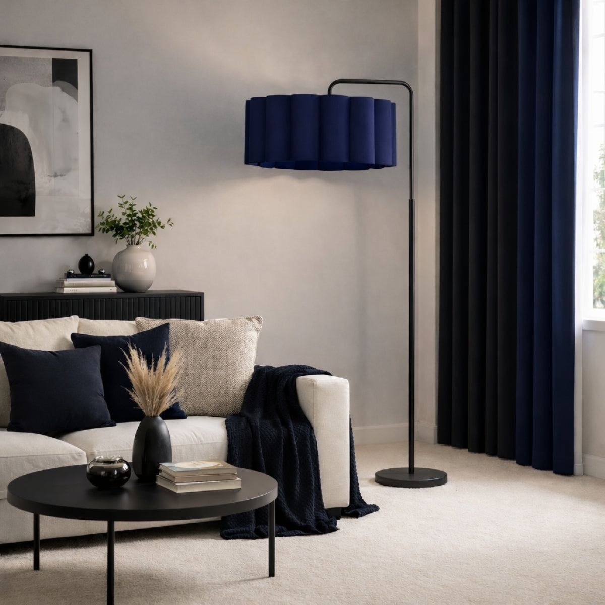 CGC Kyra Matt Black Angled Floor Lamp with Large Scalloped Lampshade