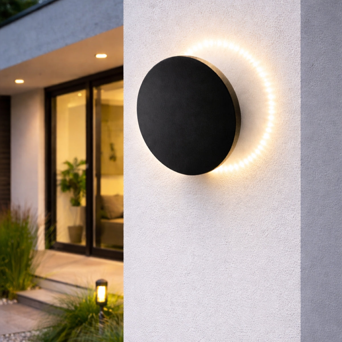 CGC BAILEY Black Round LED Outdoor Indoor Wall Light IP65 Back Lit Halo Polycarbonate Coastal
