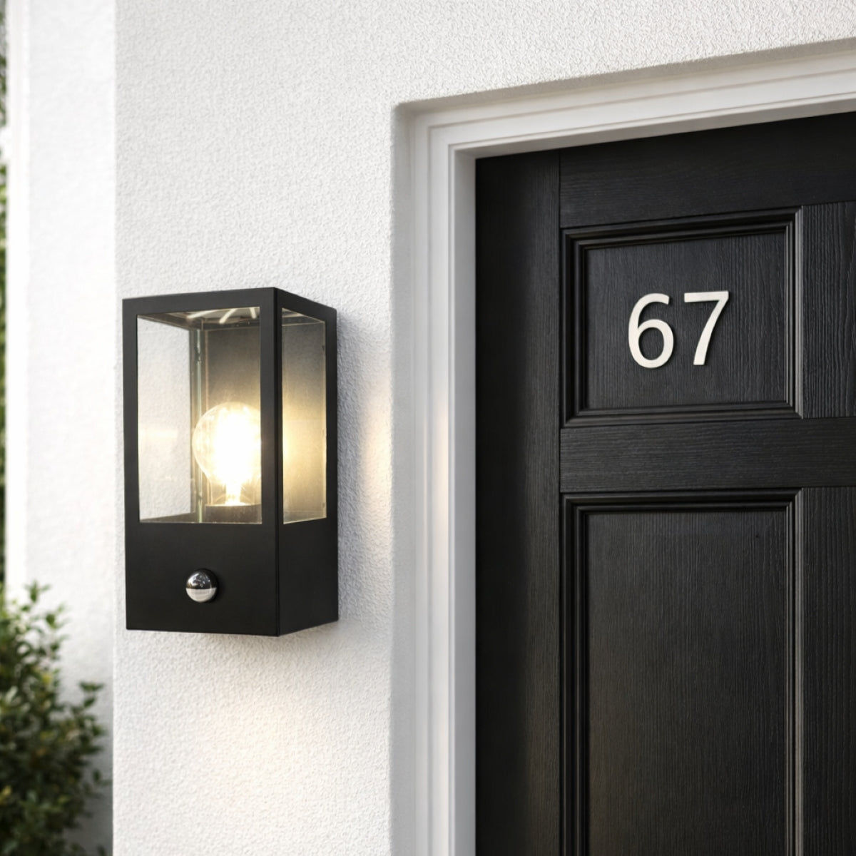 CGC Dave PIR Motion Sensor Black E27 Outdoor Wall Light Box Lantern Clear Diffuser IP54