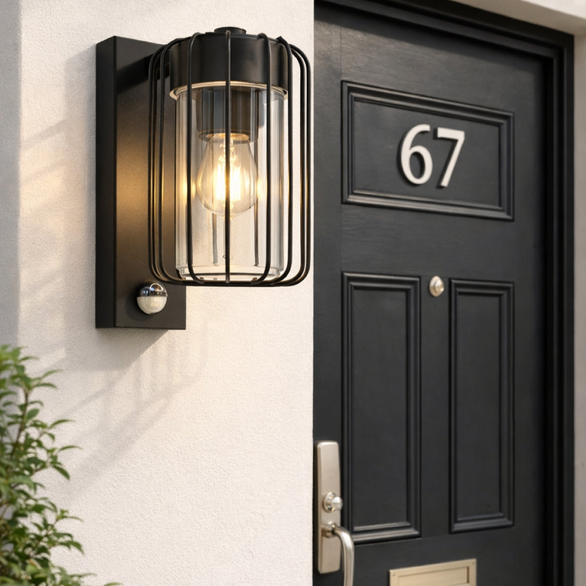 CGC Alvin PIR Motion Sensor Black Outdoor Cage Wall Lantern Light with Clear Diffuser IP54