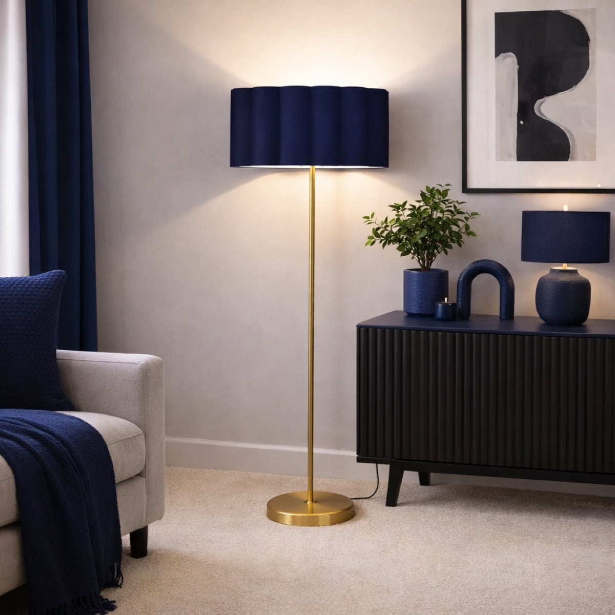 CGC Lena Brushed Gold Straight Floor Lamp with Large Scalloped Lampshade