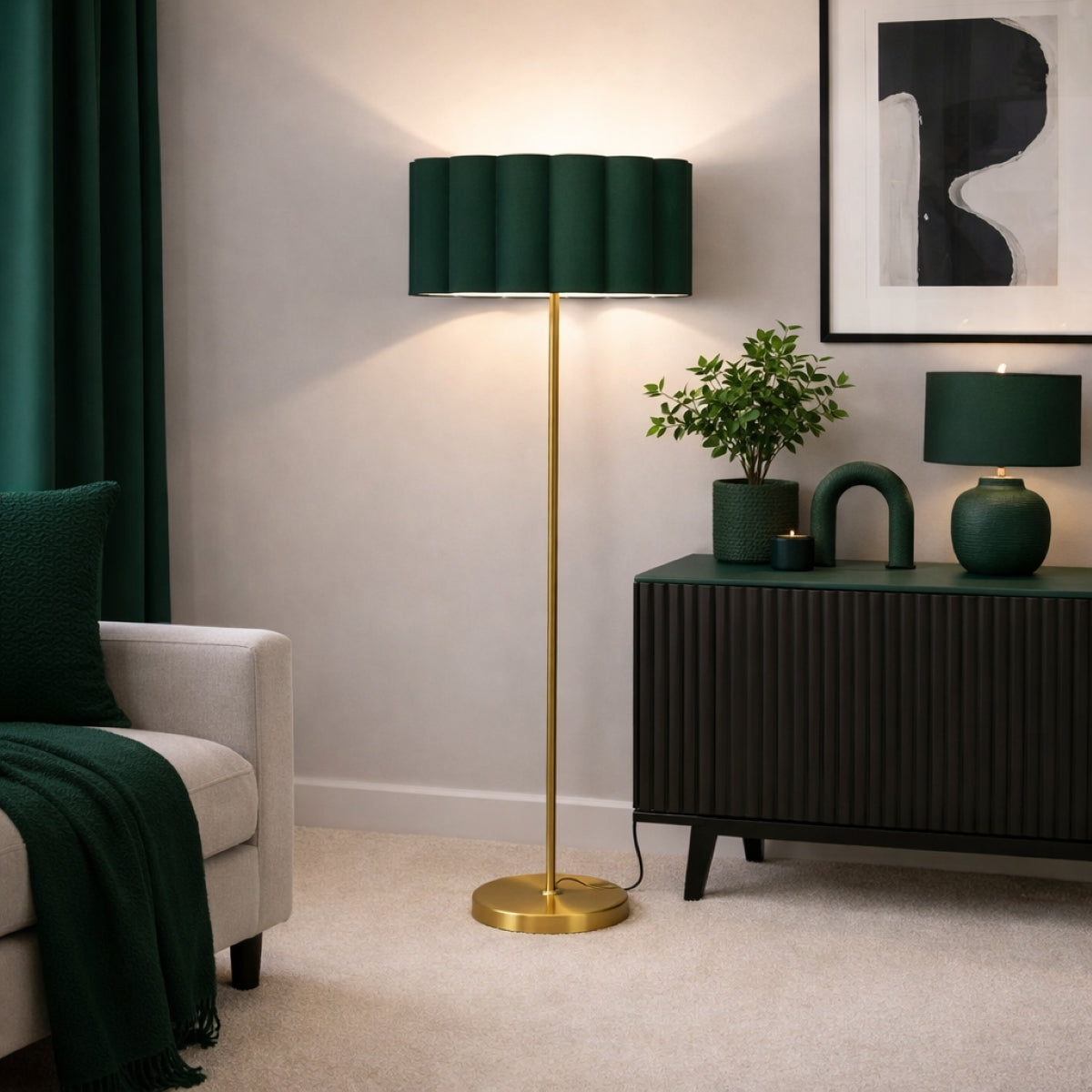 CGC Lena Brushed Gold Straight Floor Lamp with Large Scalloped Lampshade