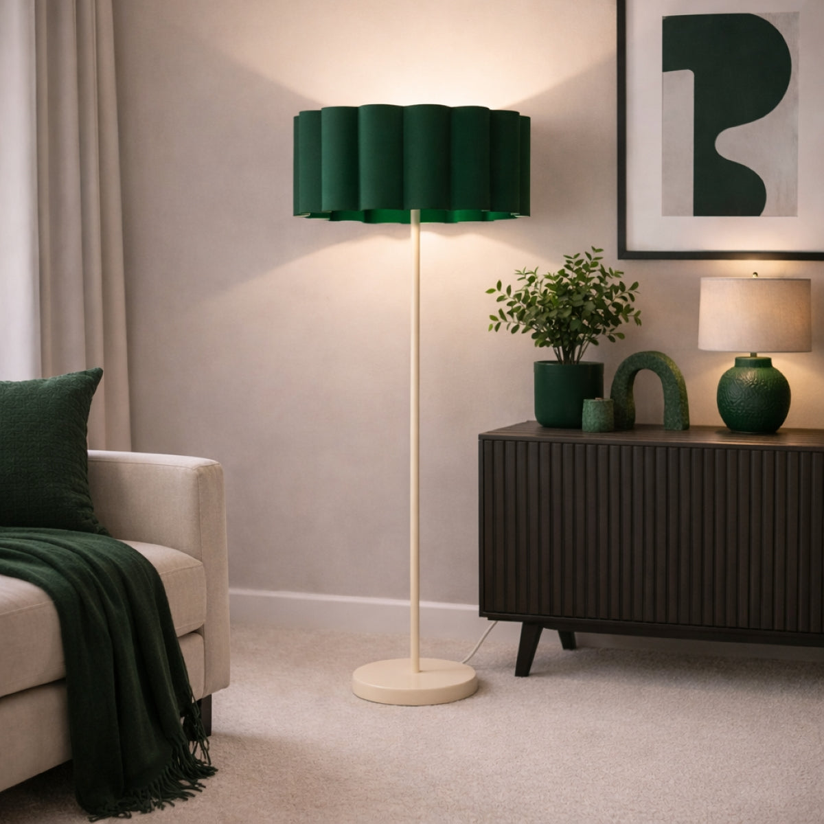 CGC Lena Cream Off White Straight Floor Lamp with Large Scalloped Lampshade