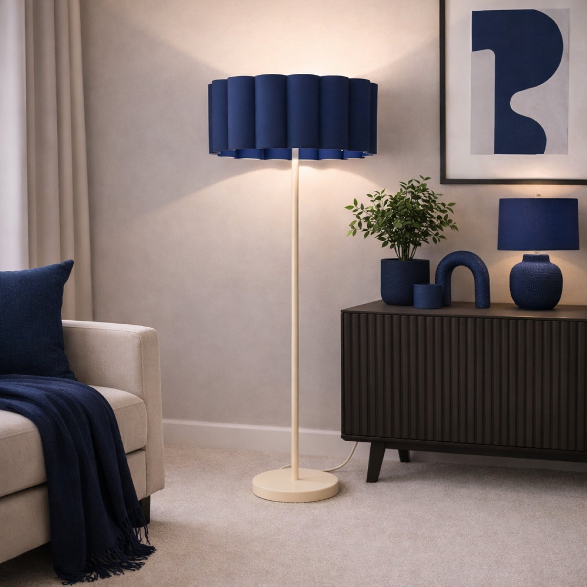 CGC Lena Cream Off White Straight Floor Lamp with Large Scalloped Lampshade