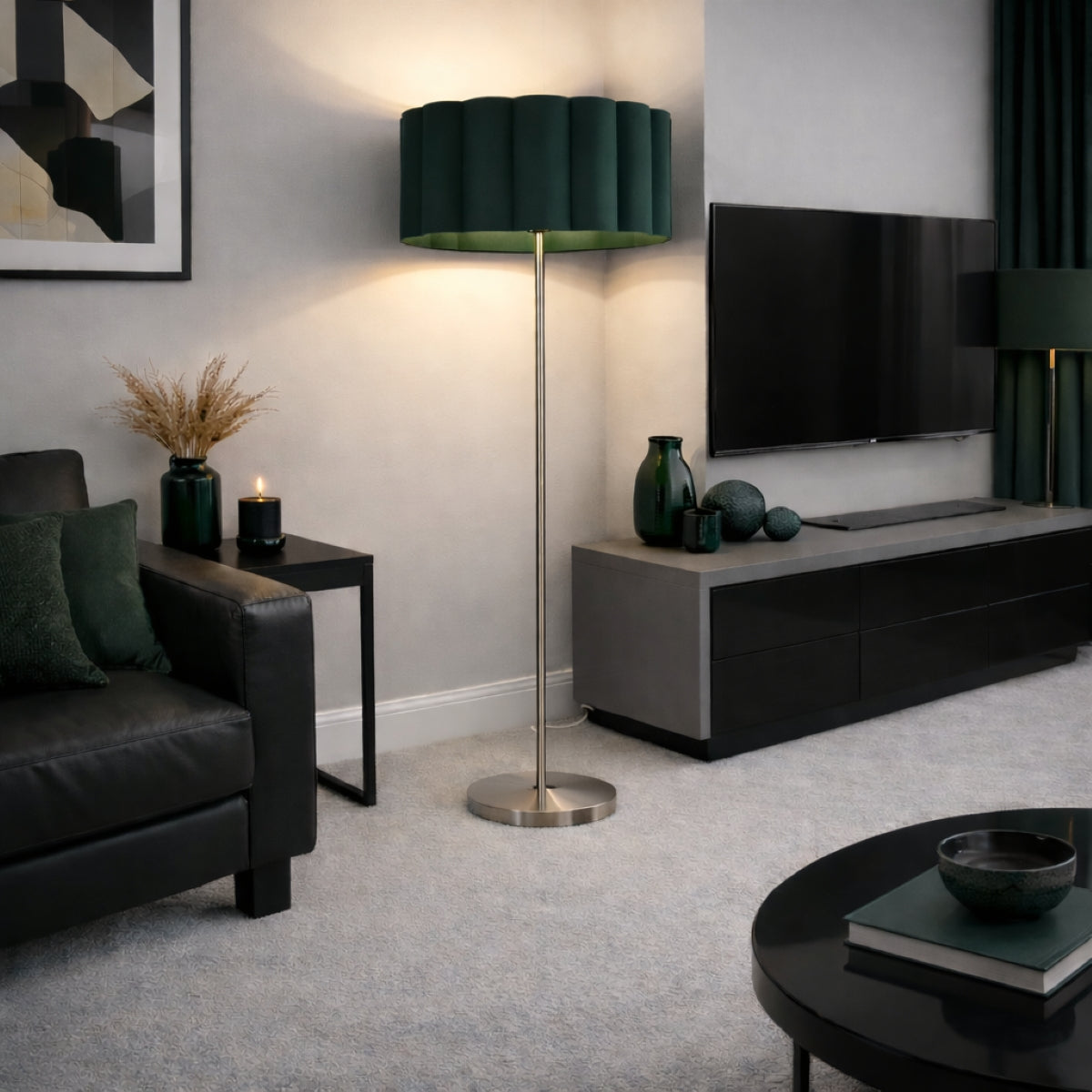 CGC Lena Brushed Nickel Straight Floor Lamp with Large Scalloped Lampshade