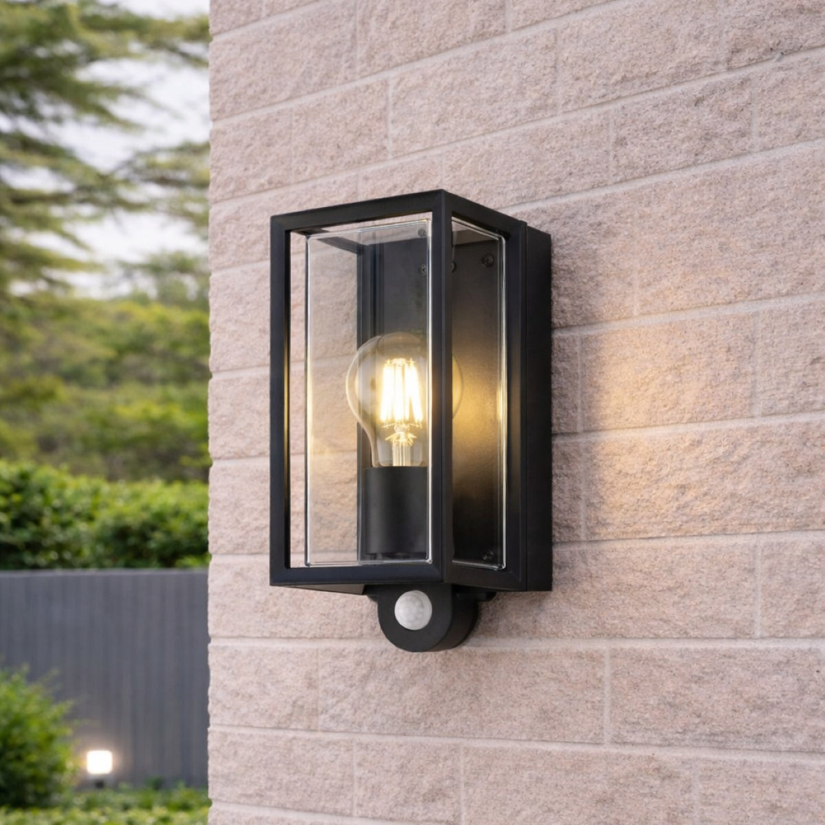 CGC FLORIANA PIR Black Outdoor Wall Light Clear Diffuser E27 Standard Screw IP54