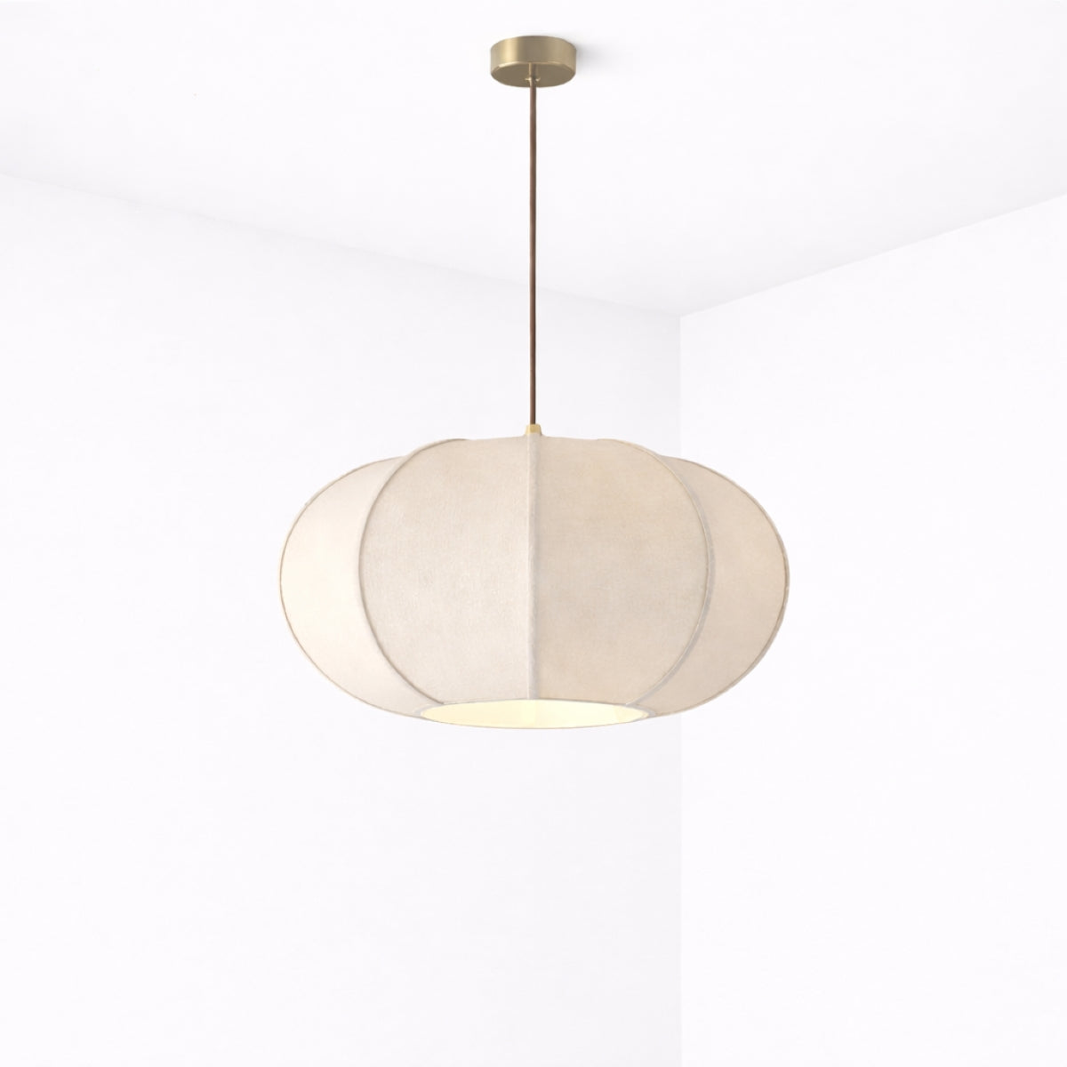 Modern pendant light with white shade and gold fixture on a white background