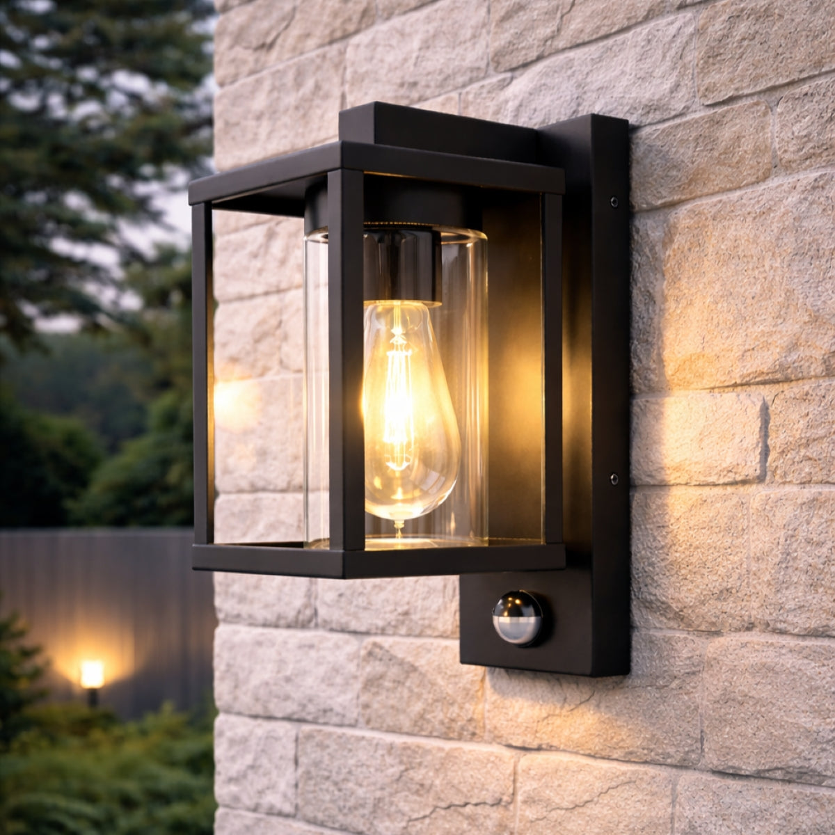 CGC ABEL Matt Black Box Lantern Wall Light with PIR Motion Sensor