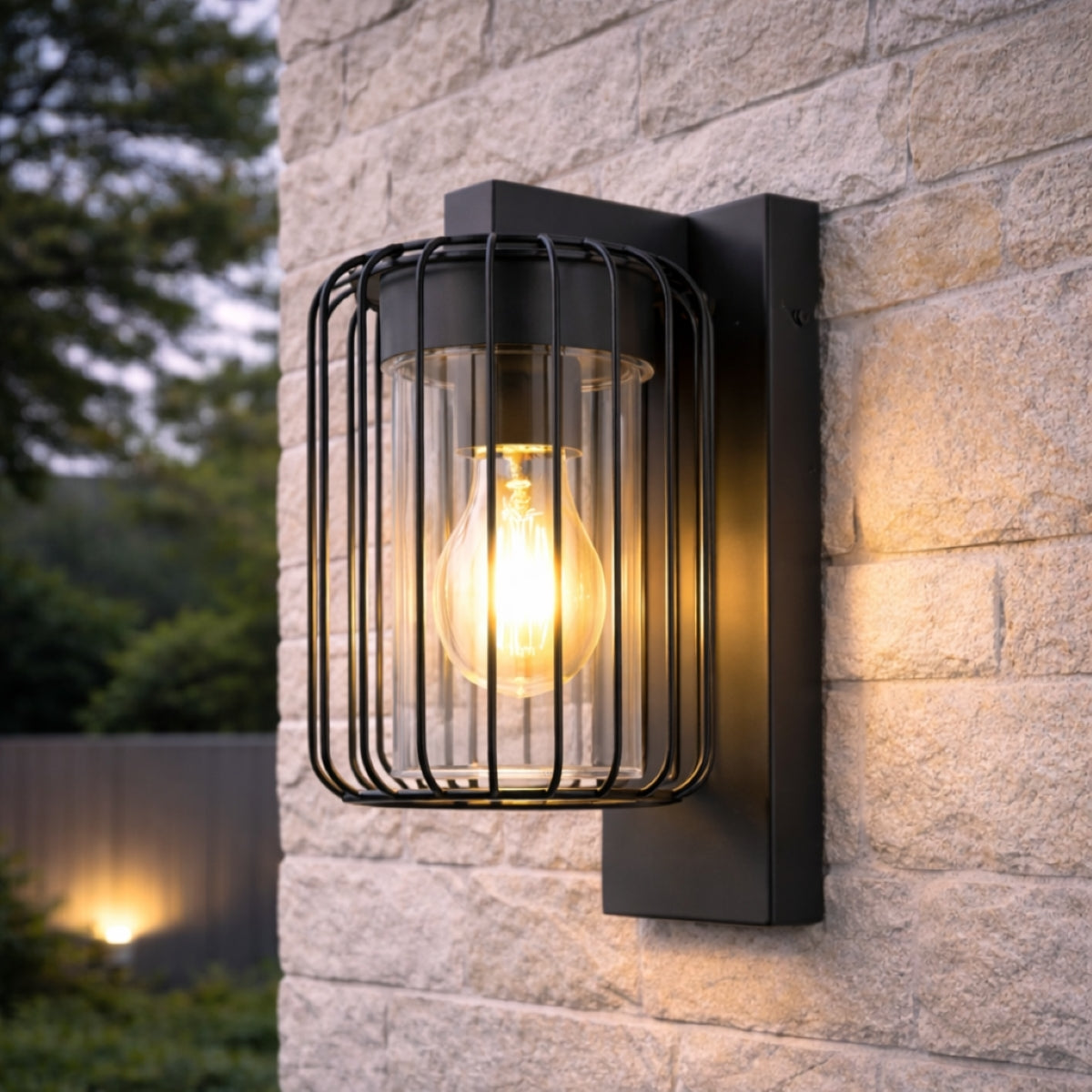 CGC ALVIN Black Outdoor Cage Wall Lantern Light with Clear Diffuser IP54