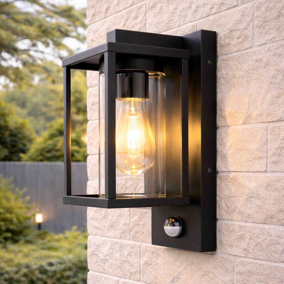 CGC ABEL Matt Black Box Lantern Wall Light with PIR Motion Sensor