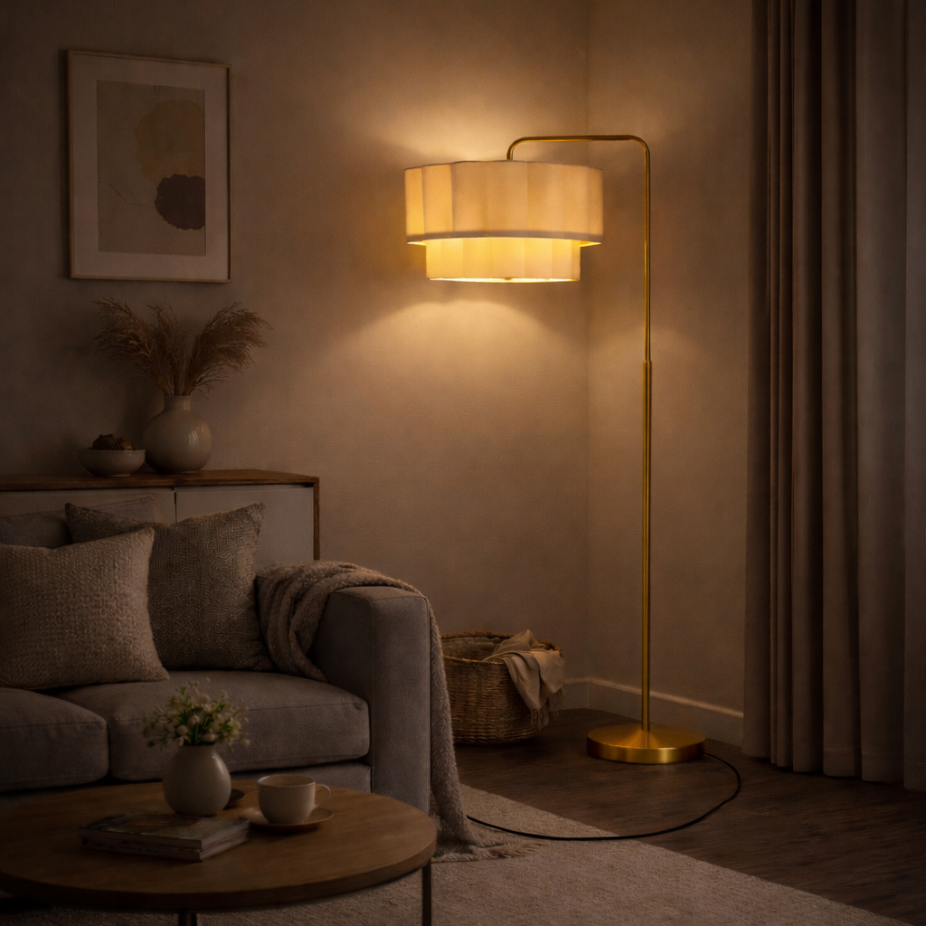 CGC Kyra Brushed Gold Angled Floor Lamp with Two Layer Large Scalloped Lampshade