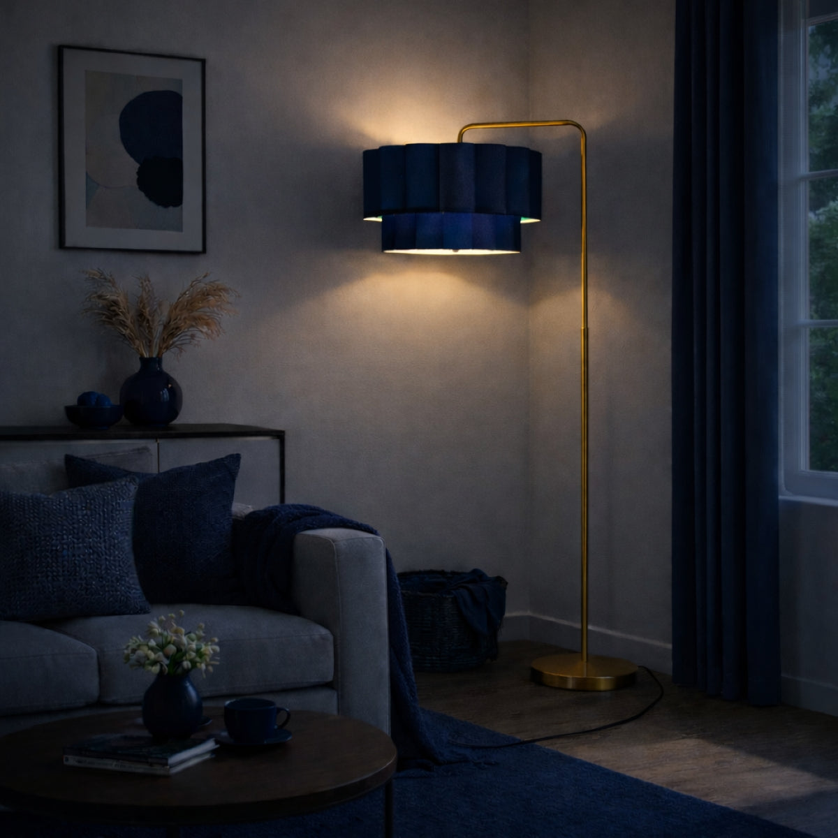 CGC Kyra Brushed Gold Angled Floor Lamp with Two Layer Large Scalloped Lampshade