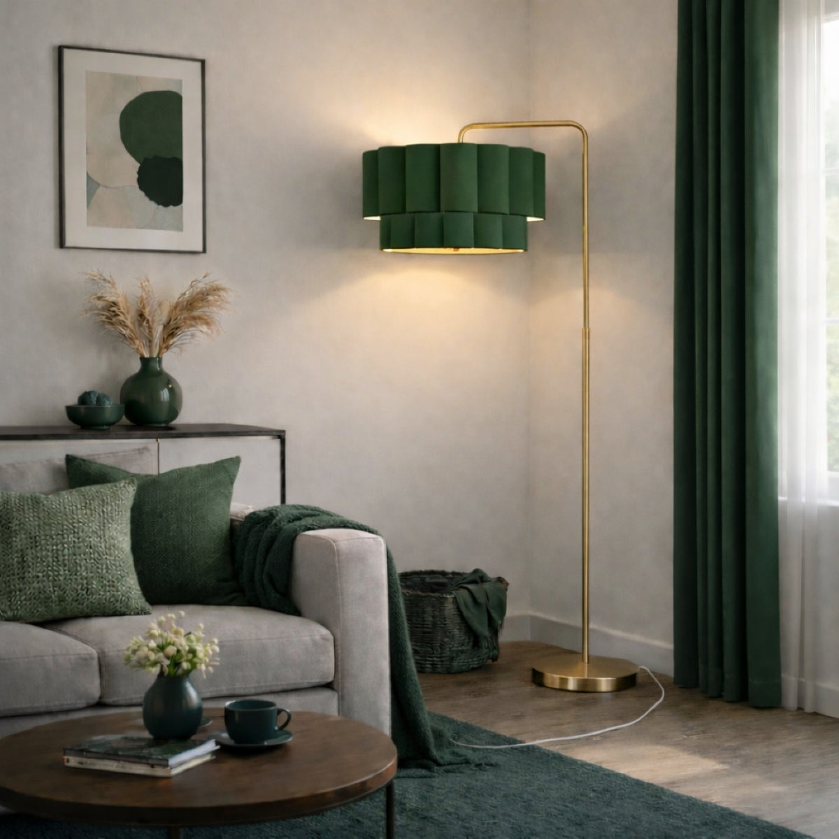 CGC Kyra Brushed Gold Angled Floor Lamp with Two Layer Large Scalloped Lampshade