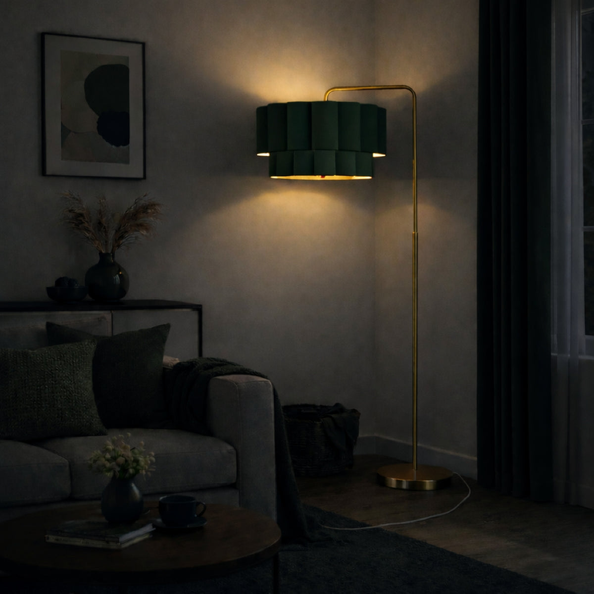 CGC Kyra Brushed Gold Angled Floor Lamp with Two Layer Large Scalloped Lampshade