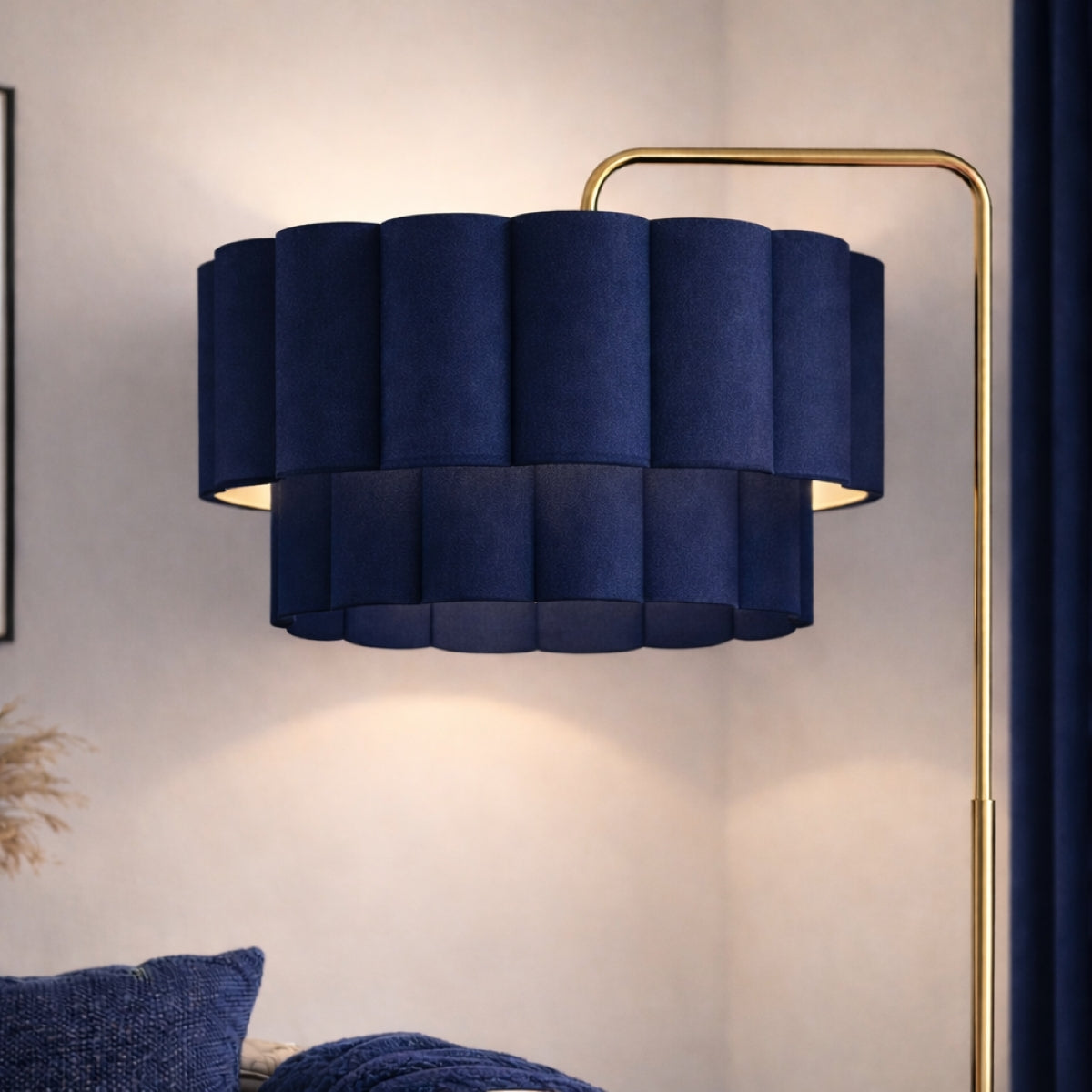 CGC Kyra Brushed Gold Angled Floor Lamp with Two Layer Large Scalloped Lampshade