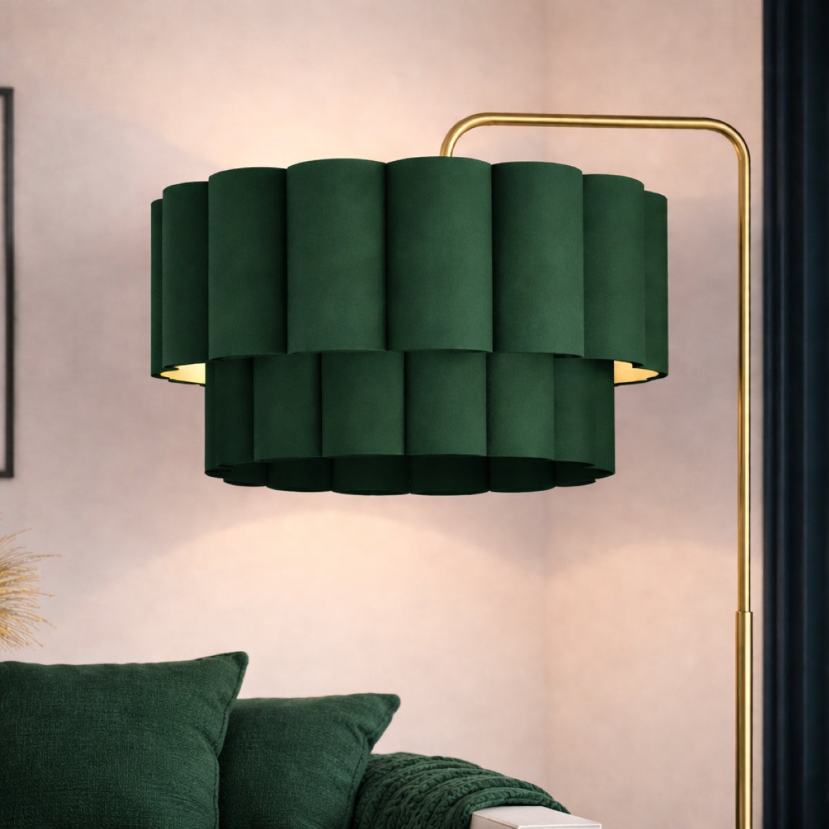 CGC Kyra Brushed Gold Angled Floor Lamp with Two Layer Large Scalloped Lampshade