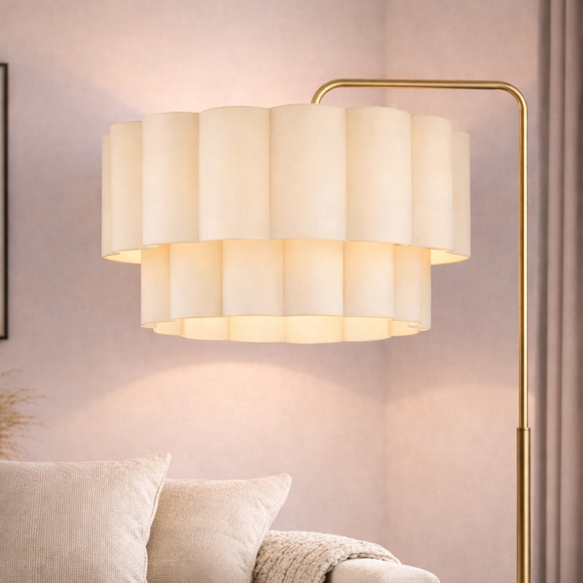 CGC Kyra Brushed Gold Angled Floor Lamp with Two Layer Large Scalloped Lampshade