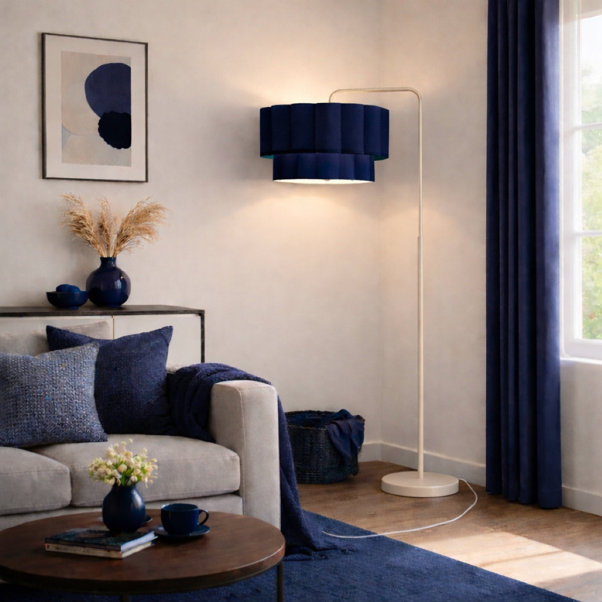 CGC Kyra Cream Angled Floor Lamp with Two Layer Large Scalloped Lampshade