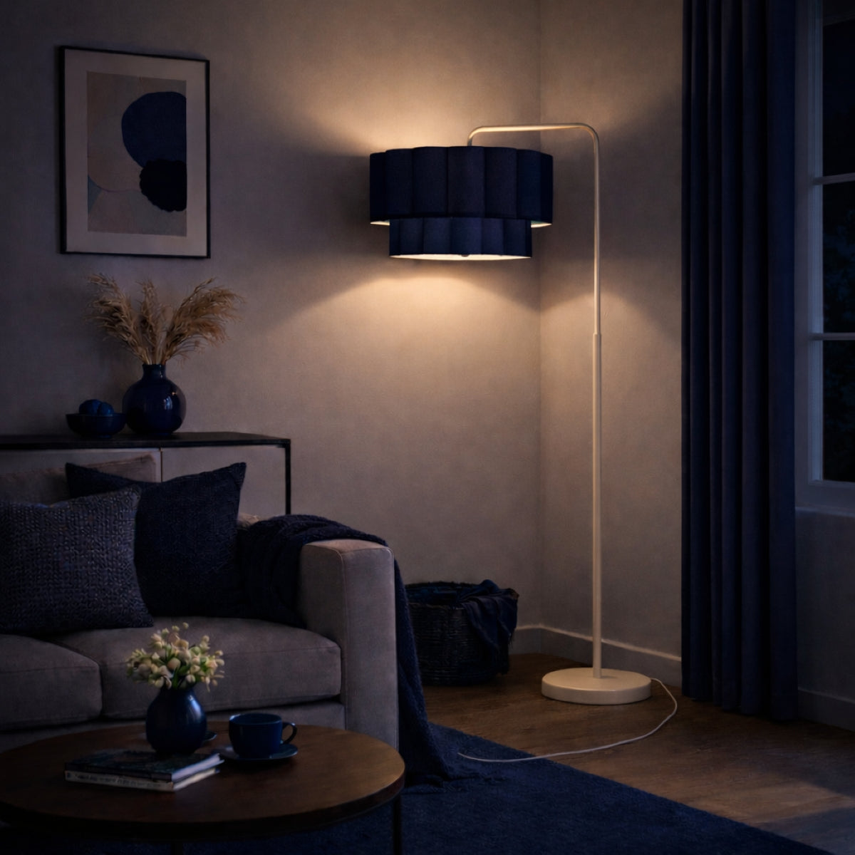 CGC Kyra Cream Angled Floor Lamp with Two Layer Large Scalloped Lampshade